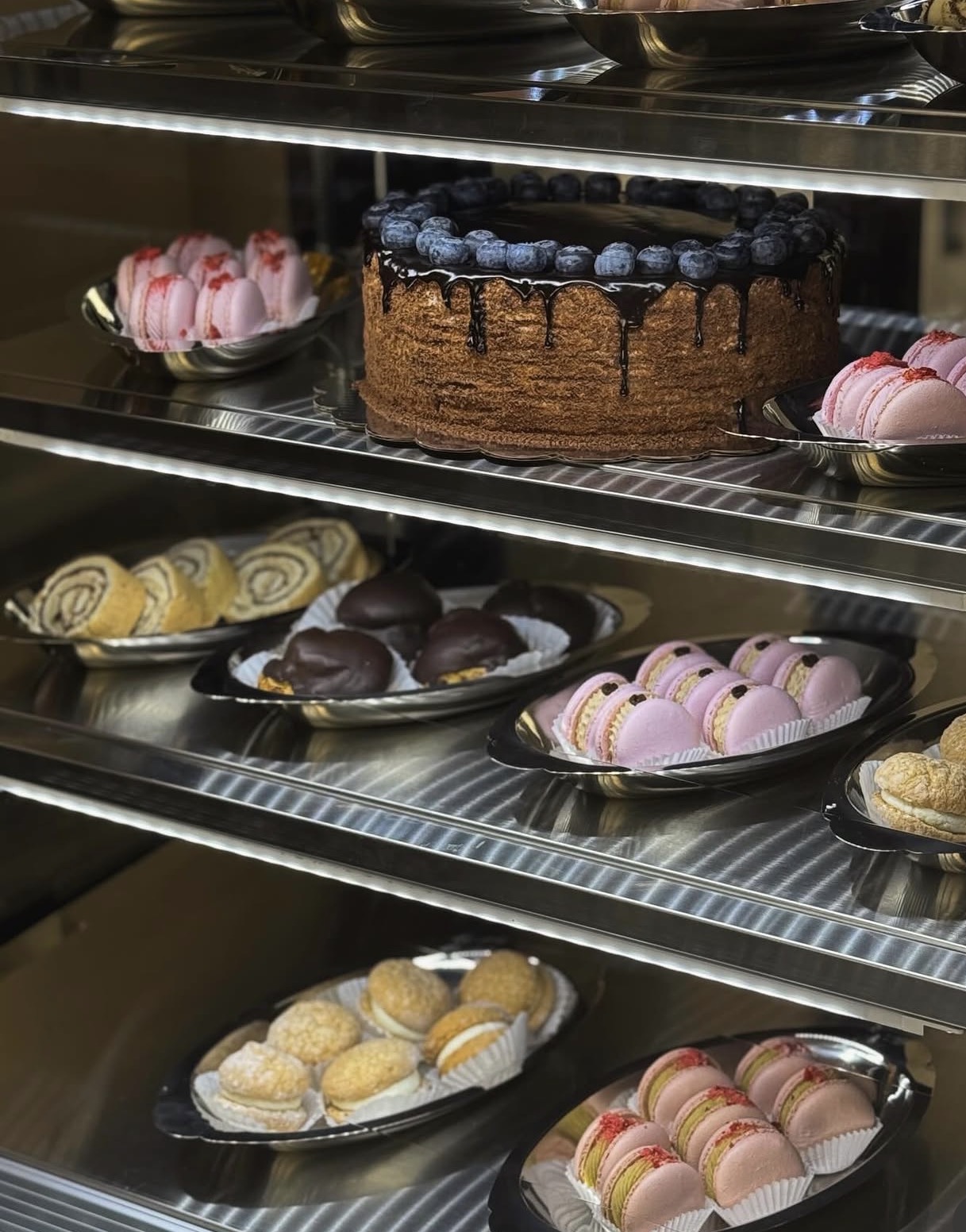 Ukrainian desserts and pastries in the display case