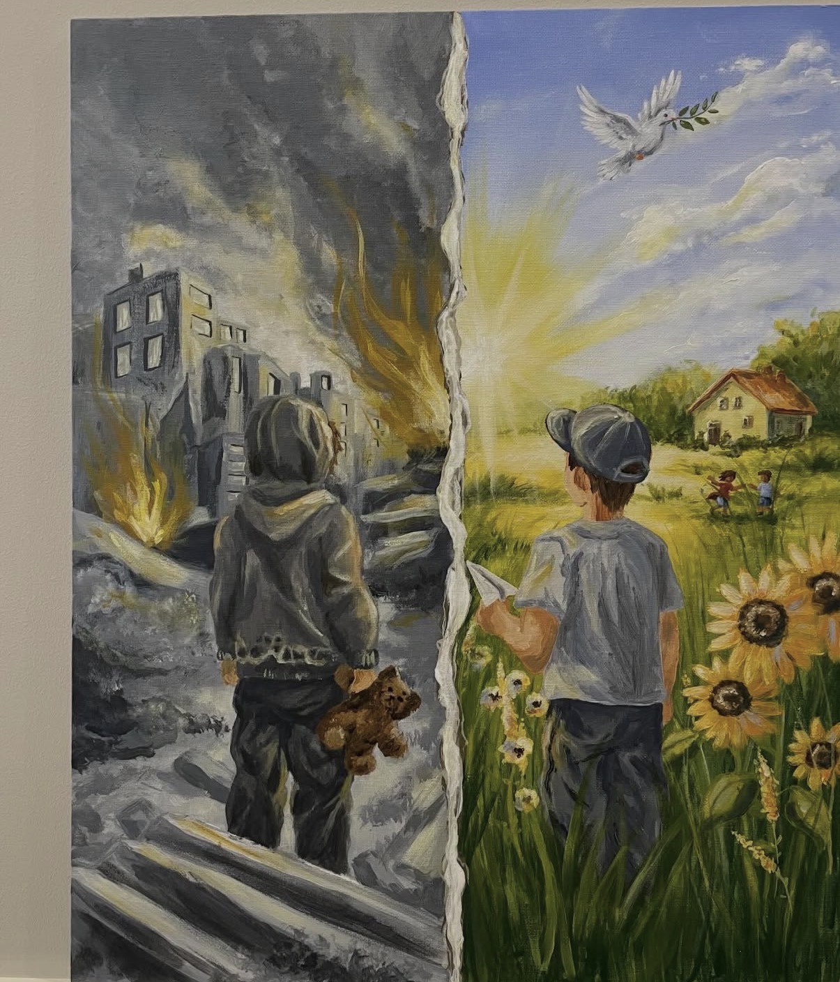 'Two Worlds of One Childhood' — a painting of war and peace side by side